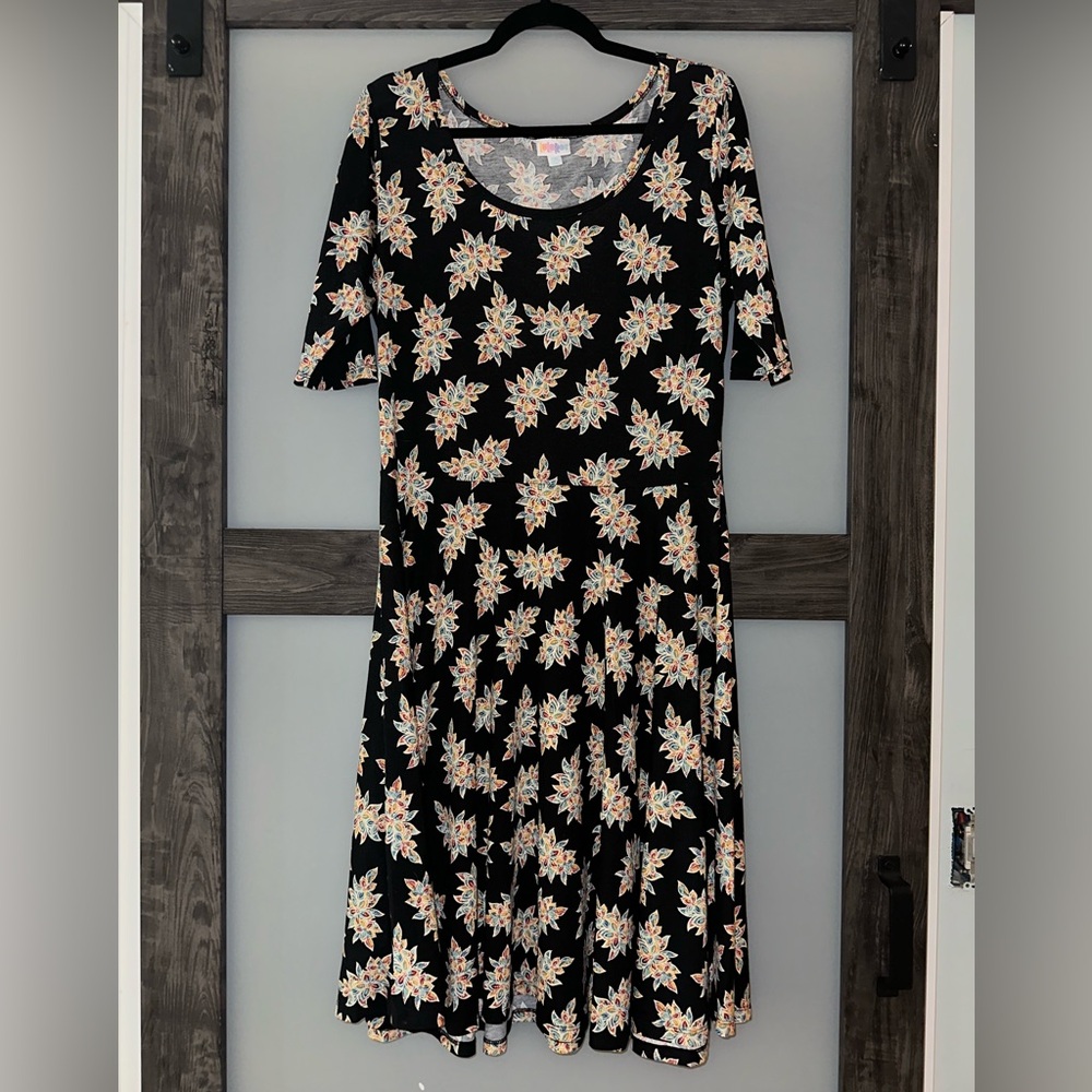 LuLaRoe Black Midi Dress with Cream Floral Design
